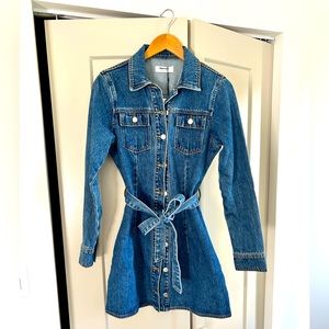 Showpo Long Sleeve Denim mini dress with belt. Size 4